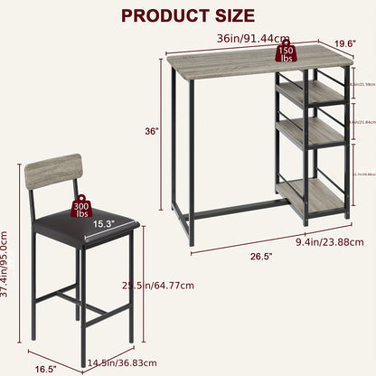 Bartafelset – Eettafel Set – Barkrukken – Bistro Set – Keukentafelset – Compact 3-Delig – MDF en Metaal – Met 3 Ruime Opbergruimtes – Vintage Grijs