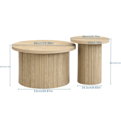 Salontafel – Dubbele Tafel – Ronde Koffietafel – Bijzettafel – Woonkamertafel – Natuurlijk Hout – Met Houten Lamellen – Multifunctioneel