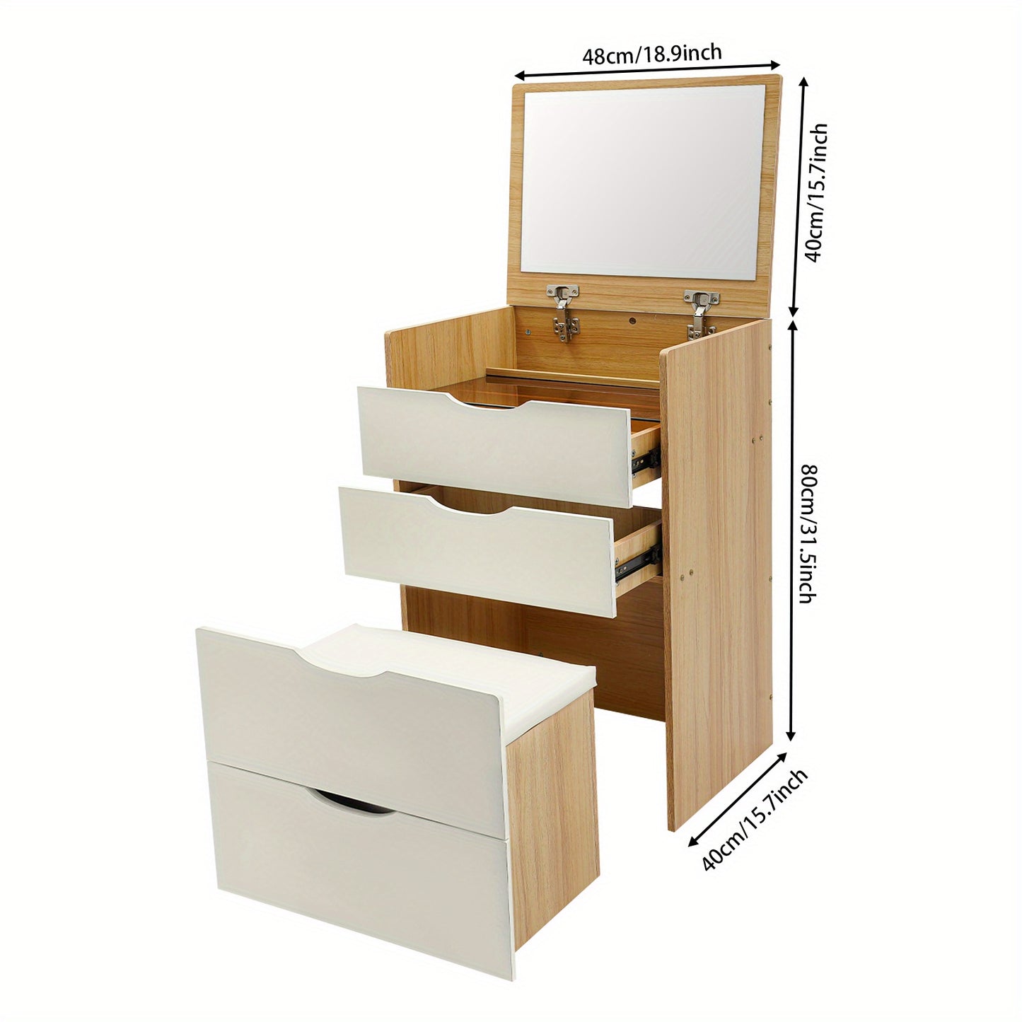 Makeuptafel – Kaptafel – Schminktisch – Cosmeticatafel – Make-up Bureau – Compact Ontwerp – Hardhouten Constructie – 3 Lades – Flip-Top Spiegel – Houtkleur & Crème Wit
