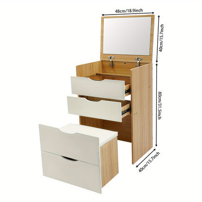 Makeuptafel – Kaptafel – Schminktisch – Cosmeticatafel – Make-up Bureau – Compact Ontwerp – Hardhouten Constructie – 3 Lades – Flip-Top Spiegel – Houtkleur & Crème Wit