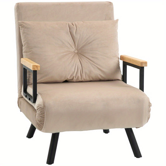 Sofa Fauteuil – Slaapstoel – Relaxstoel – Logeerbed – Velvet Zetel – Verstelbare Rugleuning – Beige Velvet Bekleding – Compact 63x73x81 cm