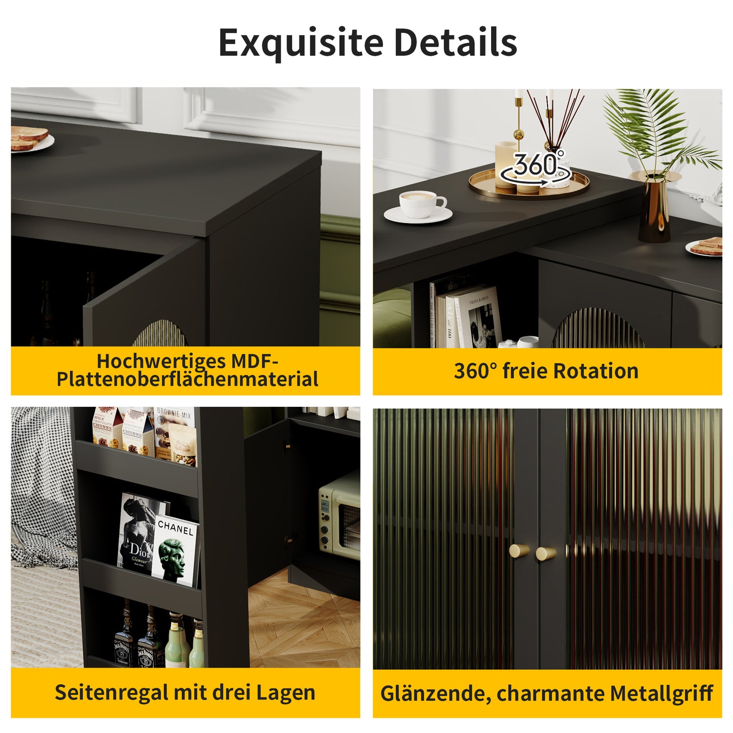 Ontbijtbar – Keukenbar – Barschrank – Werkblad – Rotatiebar Zwart – 360° Draaibaar Zijpaneel – MDF Met Glasfront 120x40x97 cm