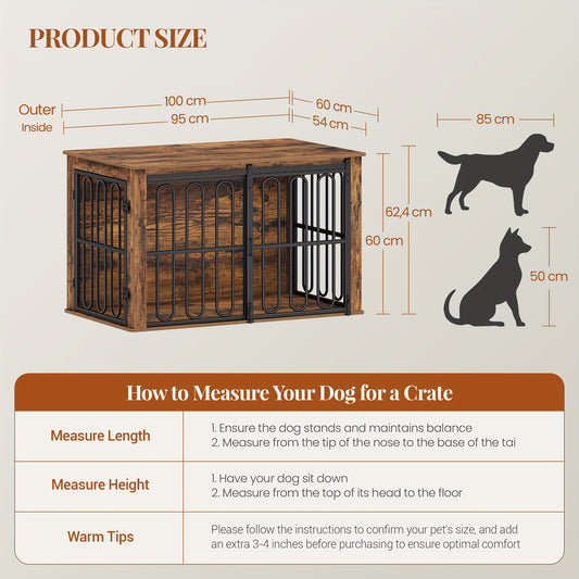 Houten Hondenbench – Hondenkennel – Hondenkooi – Hondenhok – Huisdierbench – Retro Bruin – Dubbele Deuren Met Schuifmechanisme – Geschikt Voor Kleine Tot Middelgrote Honden (60x100x62,4 cm)
