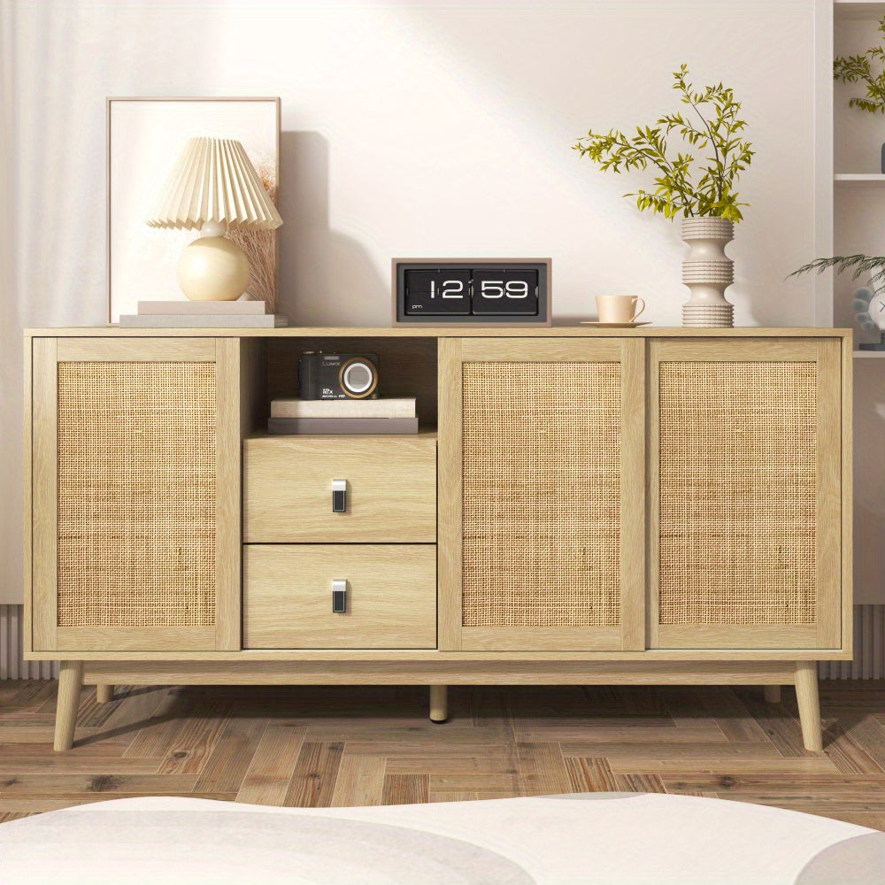 Dressoir – Sideboard – Opbergkast – Kast – Modern Meubel – 3 Schuifdeuren – 2 Lades – Natuurlijk Houtkleur – Ventilerende Rattan Deuren – Ruime Opbergruimte – Stevige Constructie – 155x38x80 cm