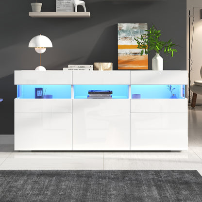 Dressoir – Sideboard – Kast – Opbergkast – Woonkamermeubel – Wit Hoogglans – 140 cm Breed – Duurzaam Bamboe – Drie Deuren Met 7 Planken