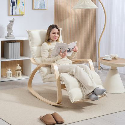 Schommelstoel – Relaxstoel – Fauteuil – Voedingsstoel – Loungestoel – Gestoffeerd – Verstelbare Voetsteun – Birkenhouten Frame – Crème Wit