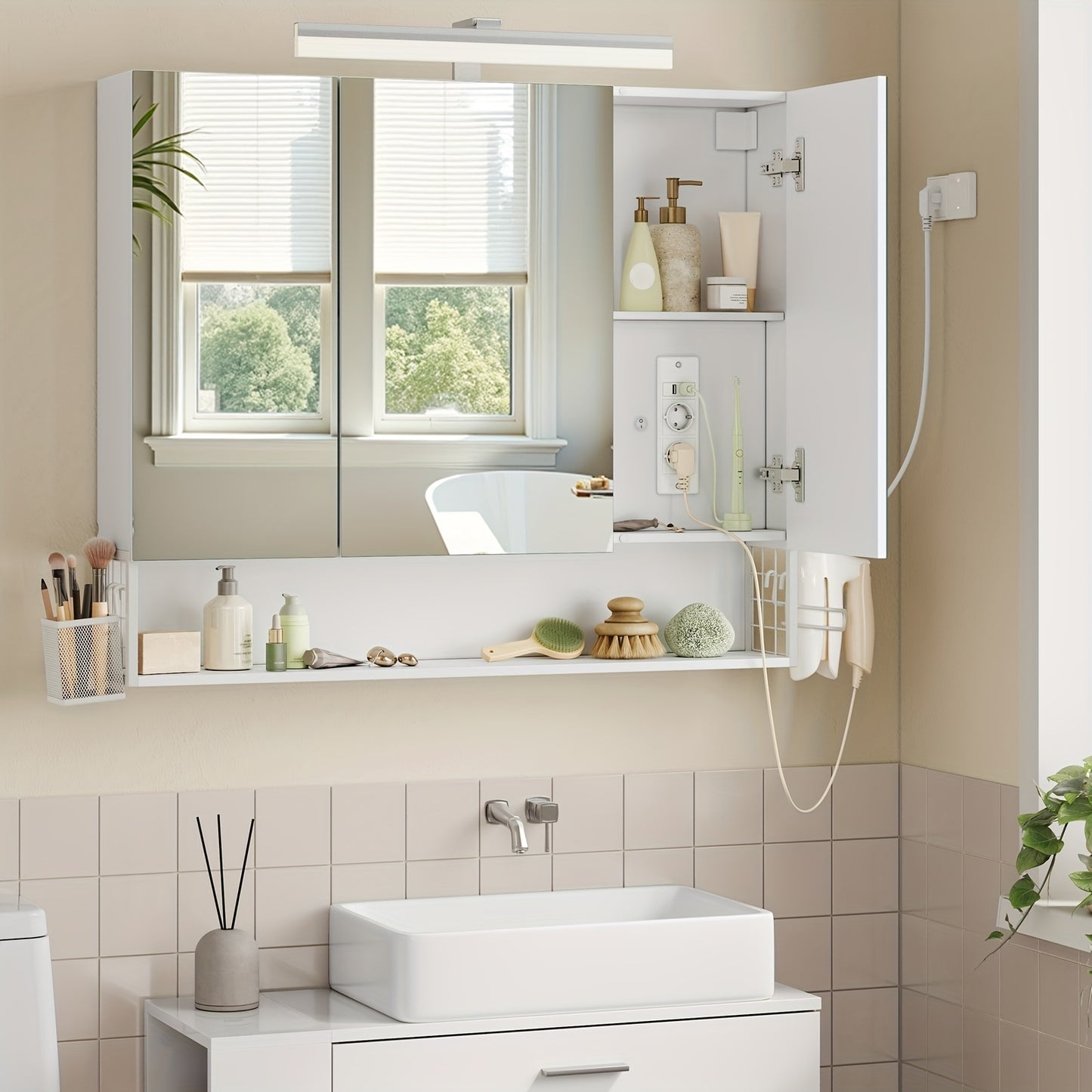 Badkamerkastje – Spiegelkast – Wandkast – Opbergkast – Badkamermeubel – Cloud White – 16,5 x 90 x 75 cm – Wandmontage – Drie Deuren Met Spiegel
