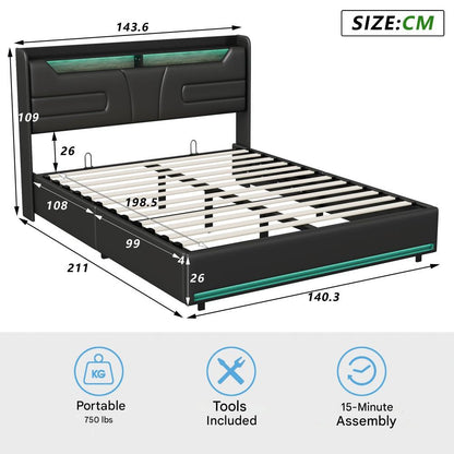 Tweepersoonsbed – Led Bed – Opbergbed – Gasliftbed – PU Leer Bed – 140x200 cm – LED Verlichting Met Afstandsbediening – Ingebouwde USB- en Type-C-poorten