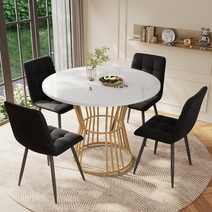 Ronde Eettafel – Eettafel Rond – Keukentafel – Ontbijttafel – Tafel Marmerlook – Wit Gouden Frame – Compact Design – Stevig Metalen Frame