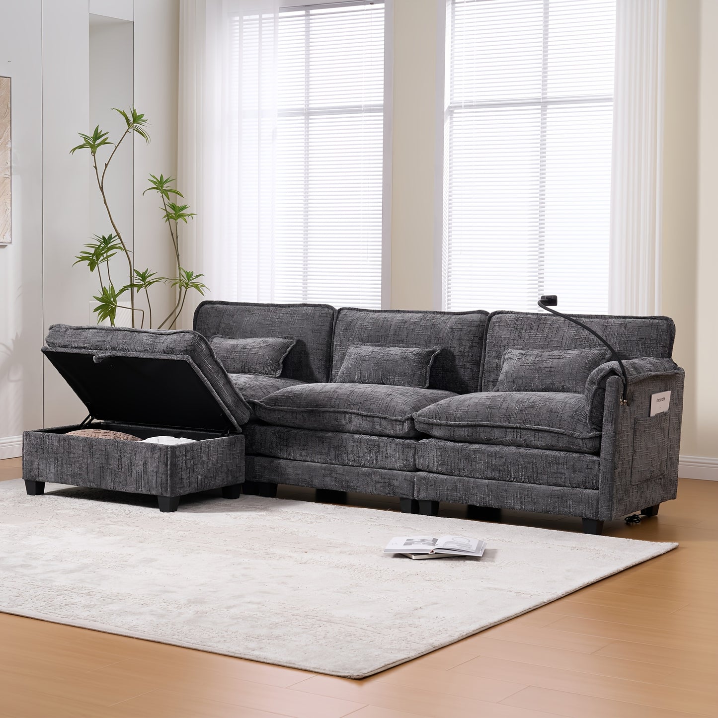 Tweezitsbank – 2-Zitsbank – Loveseat – Bankstel – Moderne Grijze Sofa – Zijvakken Voor Opbergruimte – Afneembare Ottoman – Duurzaam Bambushout