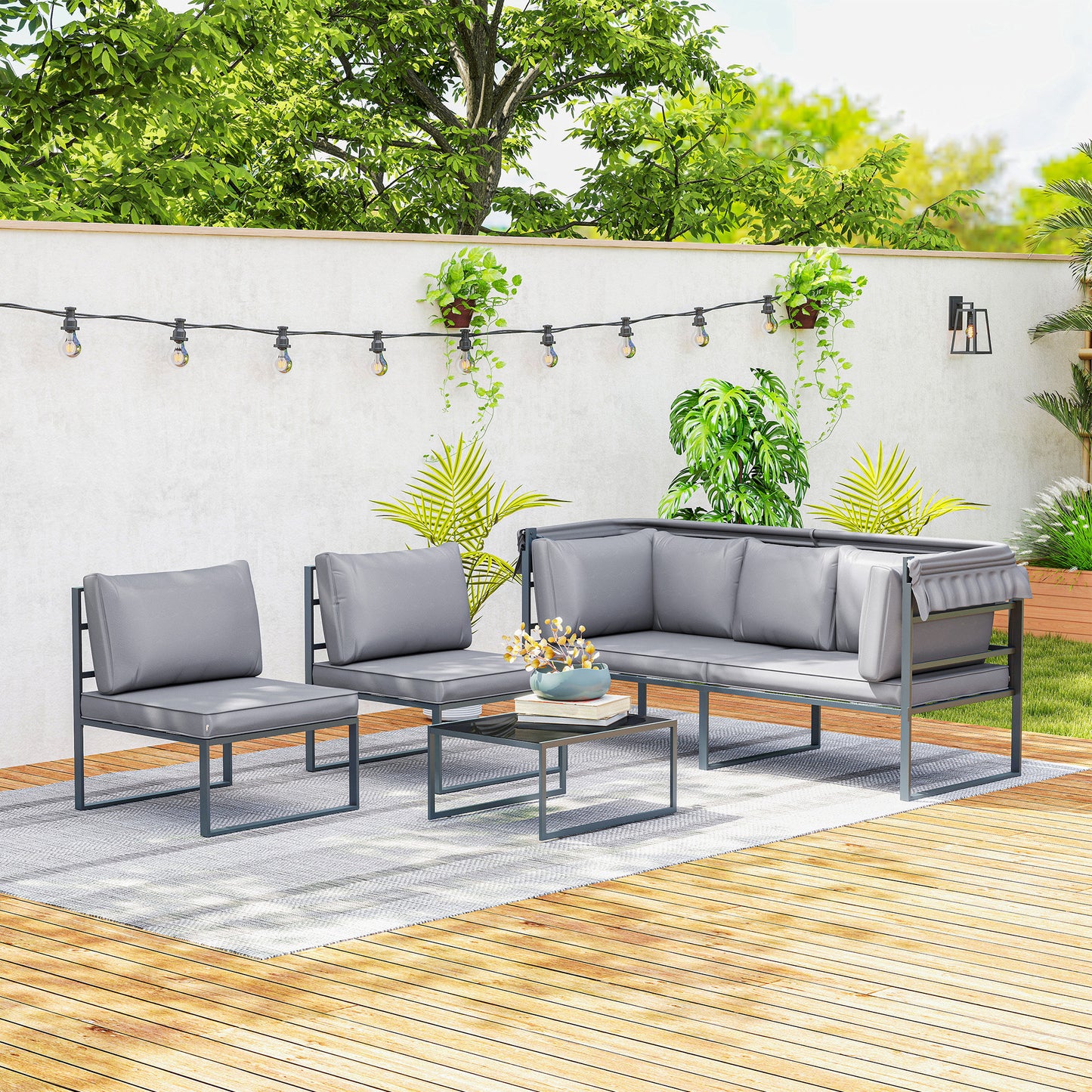 4-delige Modular Tuinmeubelset – Tuinbank – Tuinstoelen – Loungeset – Balkonmeubels – Grijs – Met Zonneluifel – Veilig Gehard Glas Tafelblad