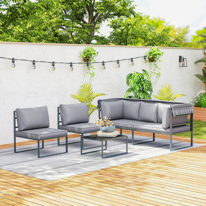 4-delige Modular Tuinmeubelset – Tuinbank – Tuinstoelen – Loungeset – Balkonmeubels – Grijs – Met Zonneluifel – Veilig Gehard Glas Tafelblad