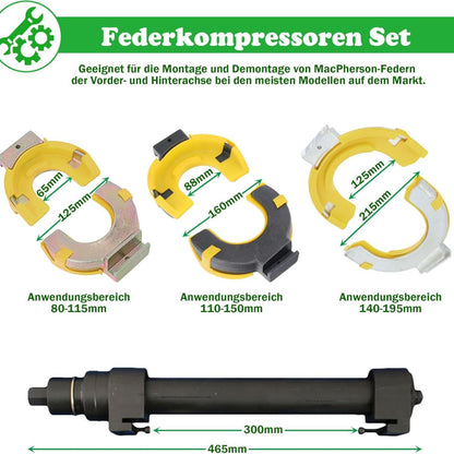Veercompressor – Veerspanner – Veerpootcompressor – Schokdempergereedschap – Veerwisselaar – Universeel – 3 Verwisselbare Klemmen – Robuust Metaal Met Opbergetui