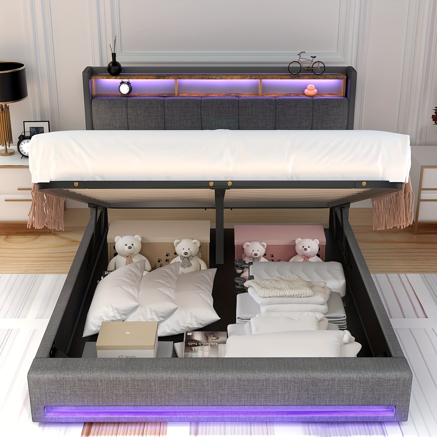 Tweepersoonsbed – Opbergbed – Bedframe – Gasliftbed – Bed Met LED-Verlichting – 140x200 cm – Hydraulische Opbergruimte – Grijs Linnen Bekleed