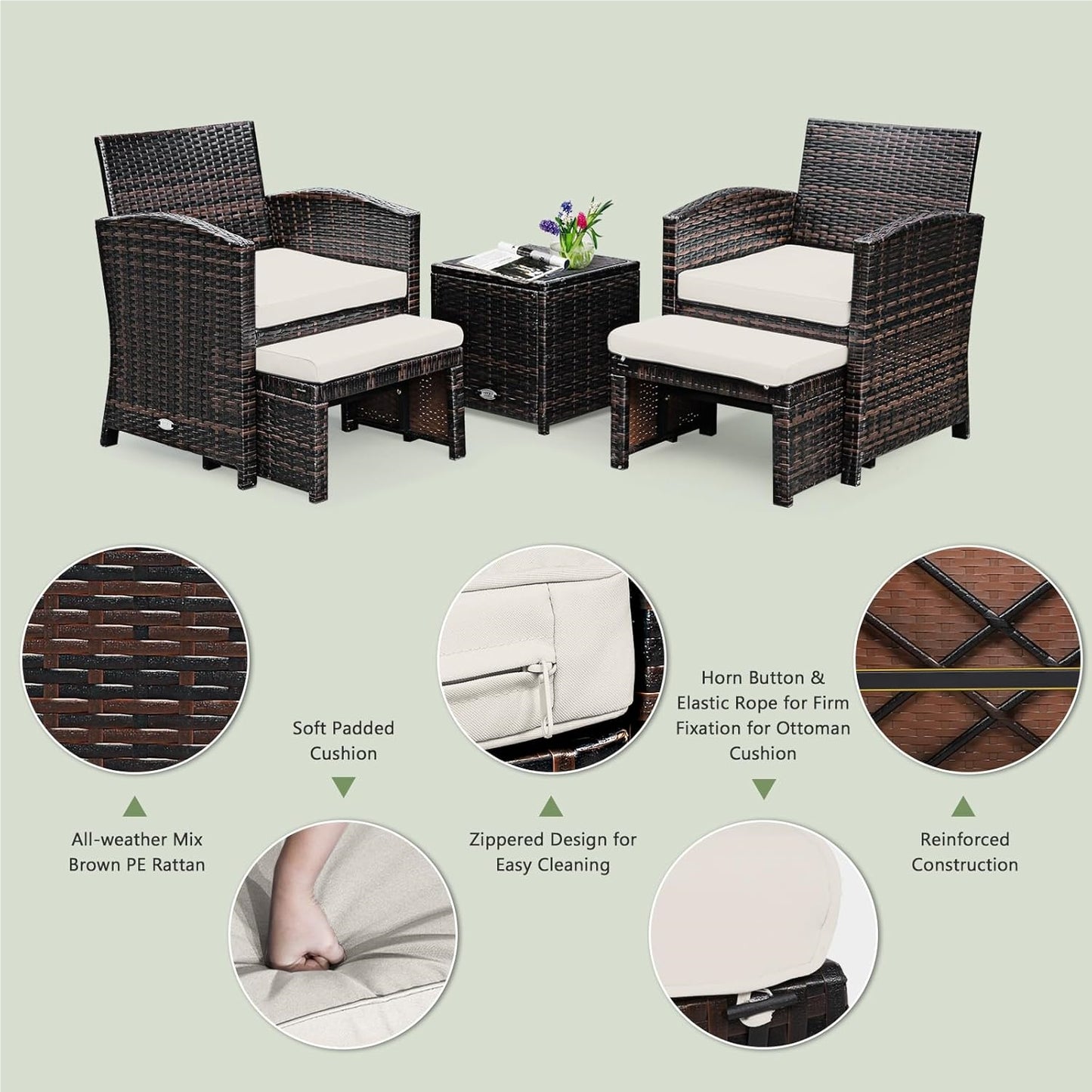 Rotan Tuinset – Tuinmeubelset – Balkonset – Loungeset – Buitenmeubelen – Weerbestendig PE Rotan – Tafel 40x40 cm Met Gehard Glas