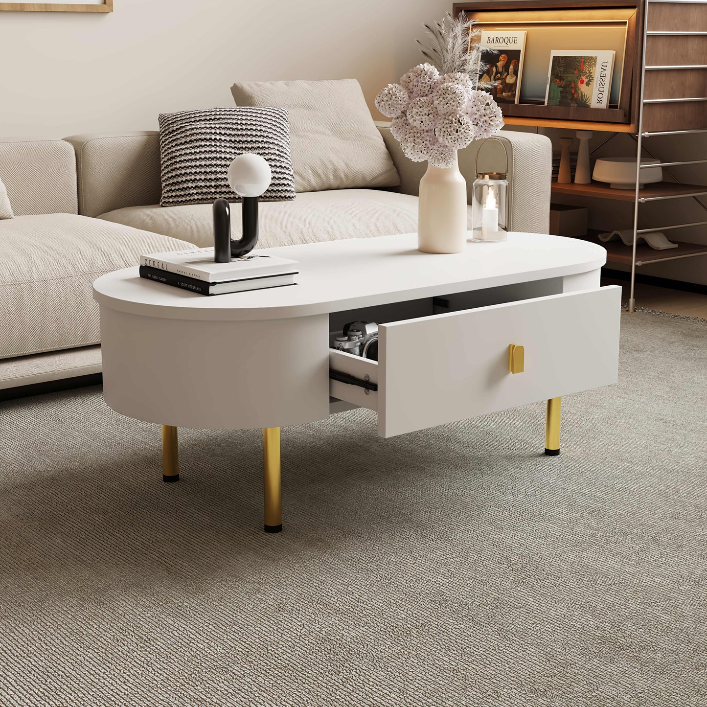 Salontafel – Woonkamertafel – Koffietafel – Bijzettafel – Tafel – Metaal – Wit – Met 2 Laden – Gouden Details