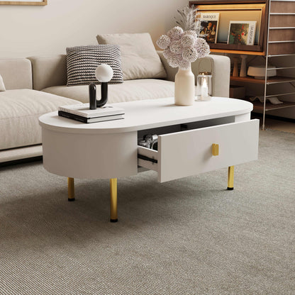 Salontafel – Woonkamertafel – Koffietafel – Bijzettafel – Tafel – Metaal – Wit – Met 2 Laden – Gouden Details