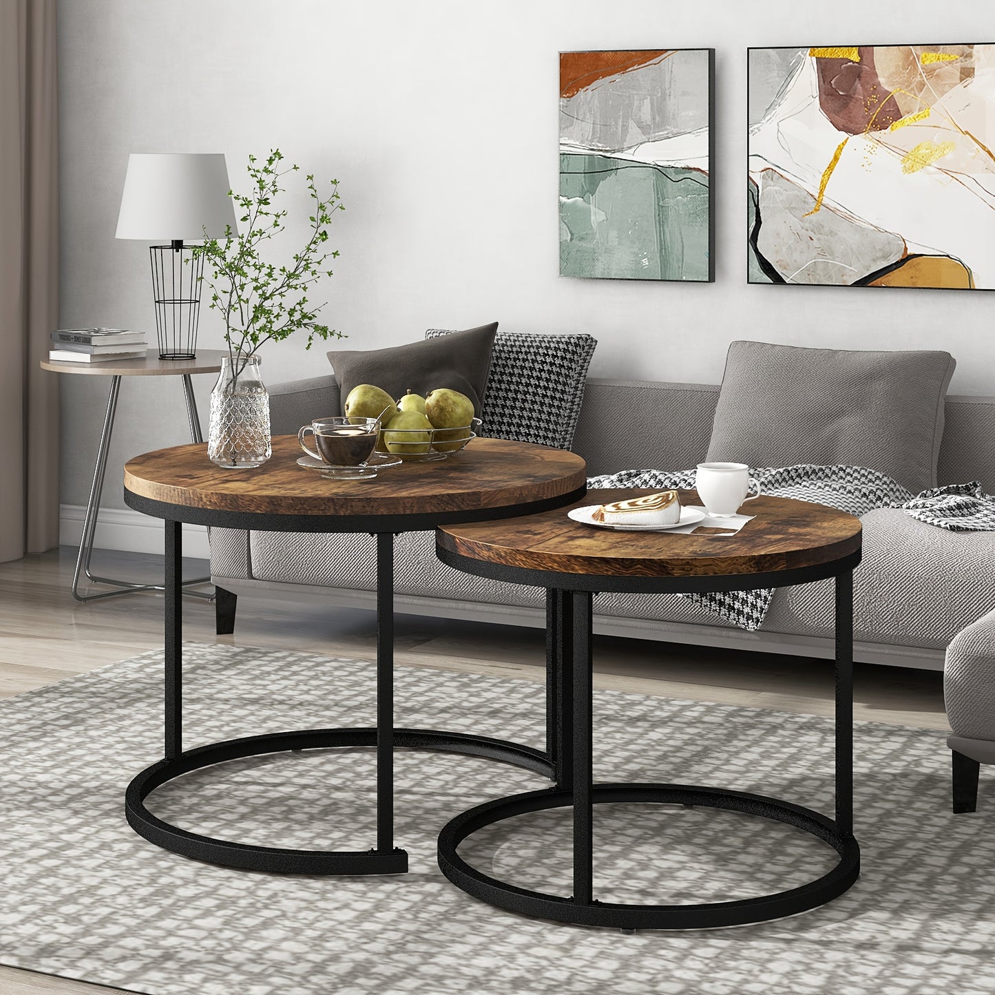 Set van 2 Ronde Bijzettafels – Salontafel – Nachtkastje – Tafelset – Side Table – Bruin Metalen Frame – Ruimtebesparend Ontwerp – Eenvoudig Montagedesign