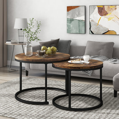 Set van 2 Ronde Bijzettafels – Salontafel – Nachtkastje – Tafelset – Side Table – Bruin Metalen Frame – Ruimtebesparend Ontwerp – Eenvoudig Montagedesign