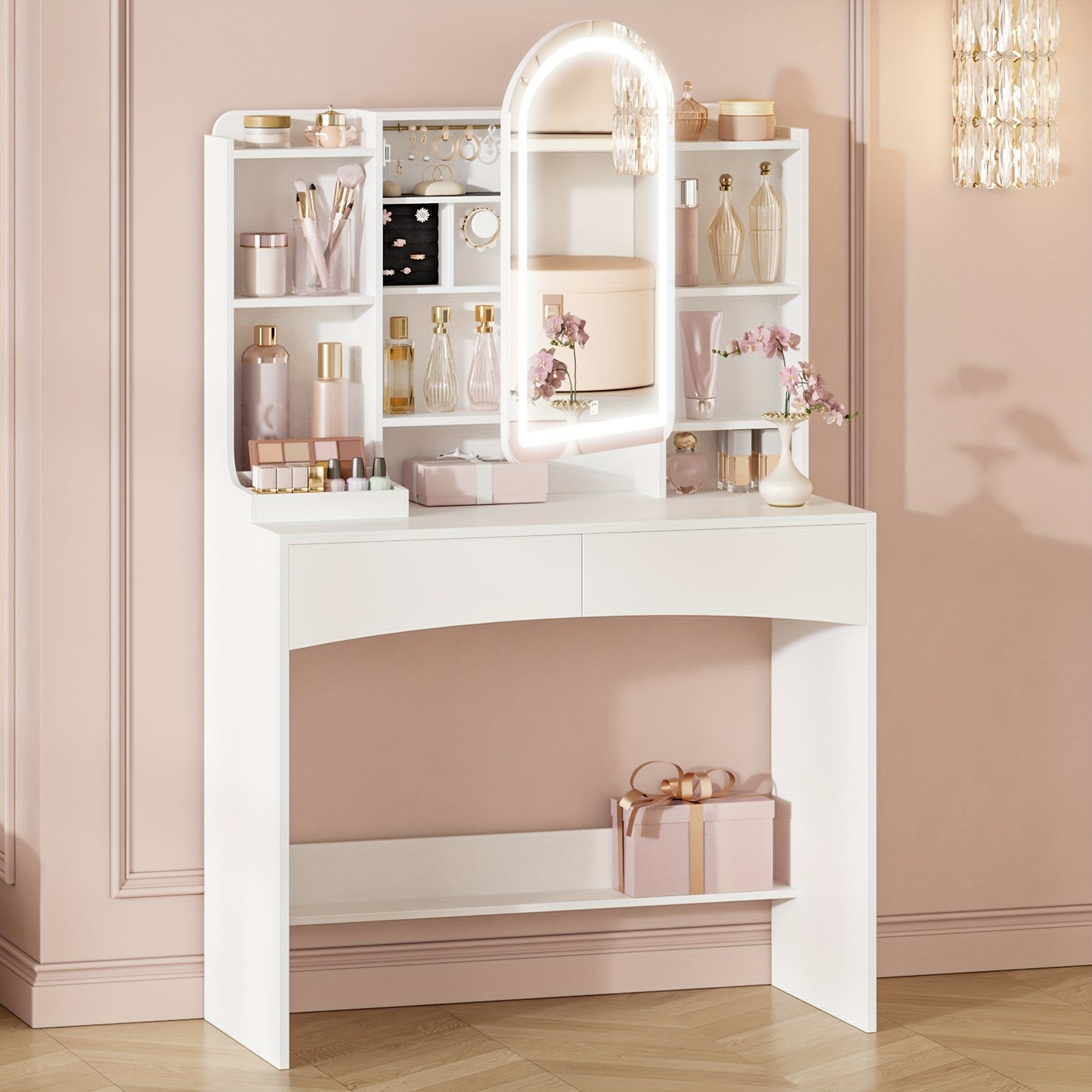 Kaptafel – Make-up tafel – Vanity – Cosmeticatafel – Opmaaktafel – Met LED-verlichting – 90 cm Werkblad – Verborgen Sieradenlade – Wit