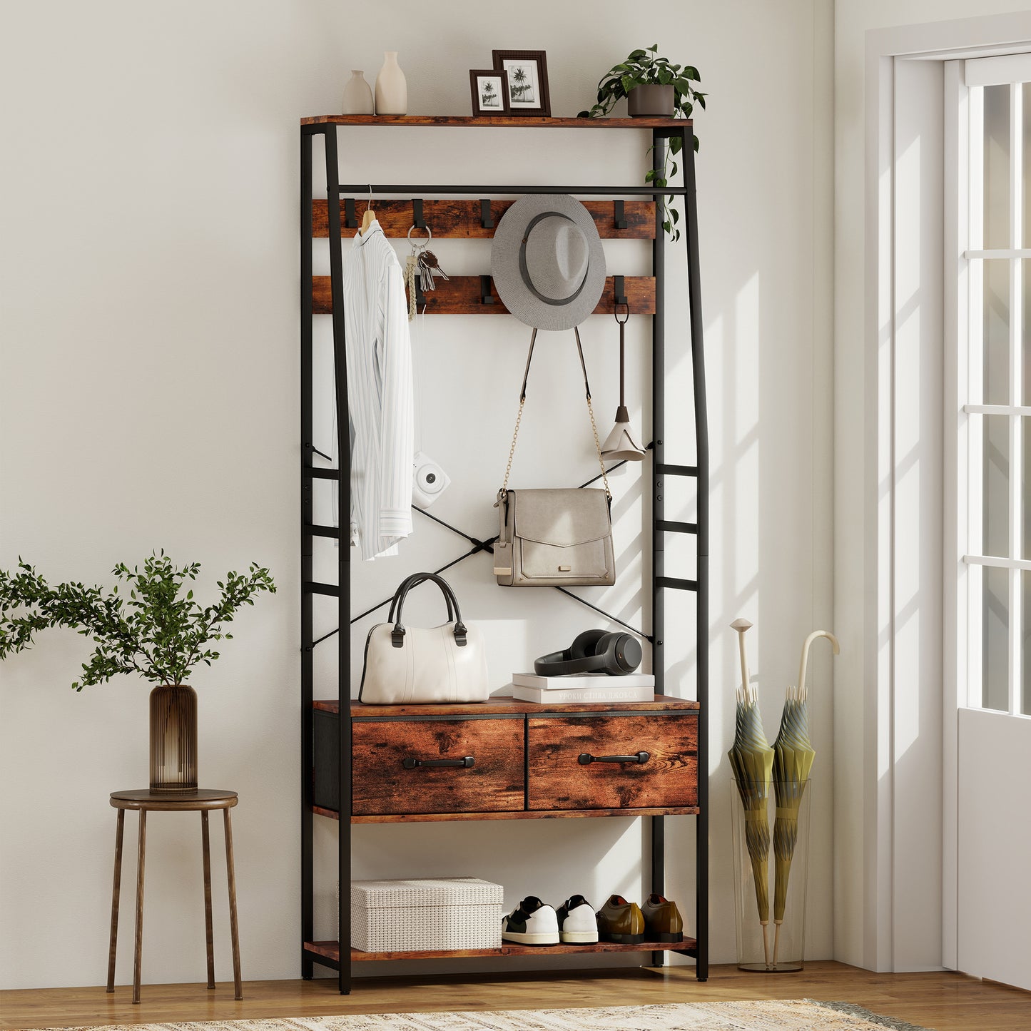 Kapstok – Kledingrek – Schoenenrek – Opbergmeubel – Halmeubel – Rustiek Bruin – 10 Metalen Haken – Comfortabel Zitbankje