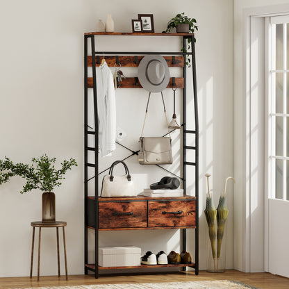 Kapstok – Kledingrek – Schoenenrek – Opbergmeubel – Halmeubel – Rustiek Bruin – 10 Metalen Haken – Comfortabel Zitbankje