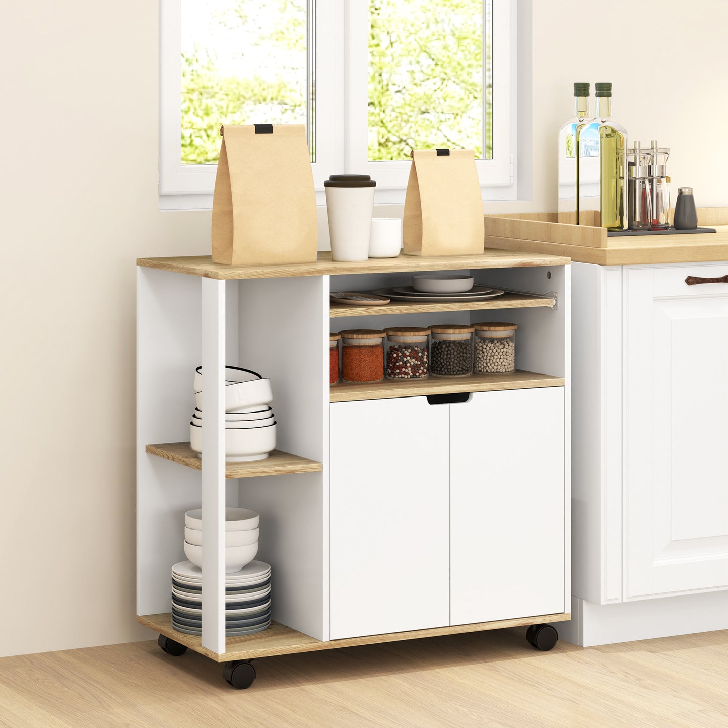 Serveerwagen – Keukentrolley – Keukenwagen – Serveerkar – Roltafel – Verstelbare Planken – 80x40x82 cm – Naturel Hout & Wit