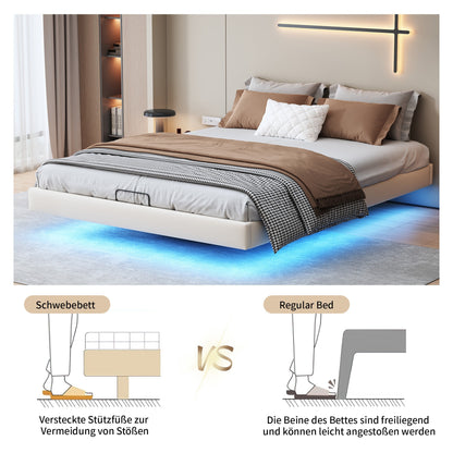 Upholstered Bed – Gestoffeerd Bed – Tweepersoonsbed – Bedframe – Slaapbank – Zwevend Design – Opbergruimte Onder Bed – 160x200 cm – PU Materiaal Beige