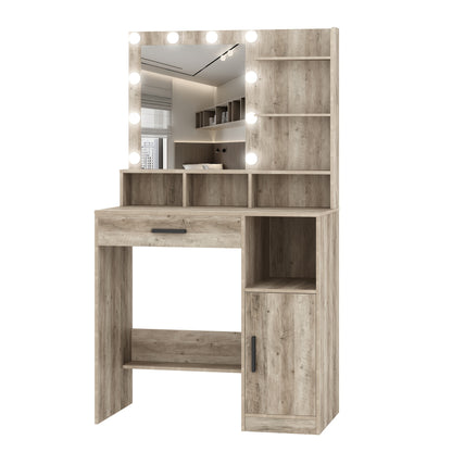 Dressing Table With Mirror, Dressing Table With LED Mirror, Dressing Makeup Table With 3 Shelves And 4 Open Compartments, With Large Drawer And Wardrobe