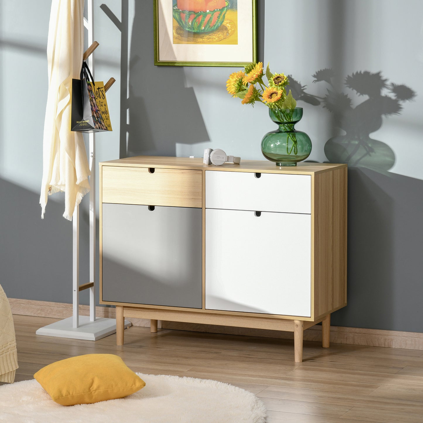 HOMCOM Scandinavian Style Kitchen Buffet, 2-Door Wardrobe with Sliding Drawers in Multicolor White Light Gray Wood