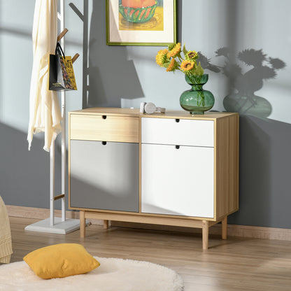 HOMCOM Scandinavian Style Kitchen Buffet, 2-Door Wardrobe with Sliding Drawers in Multicolor White Light Gray Wood