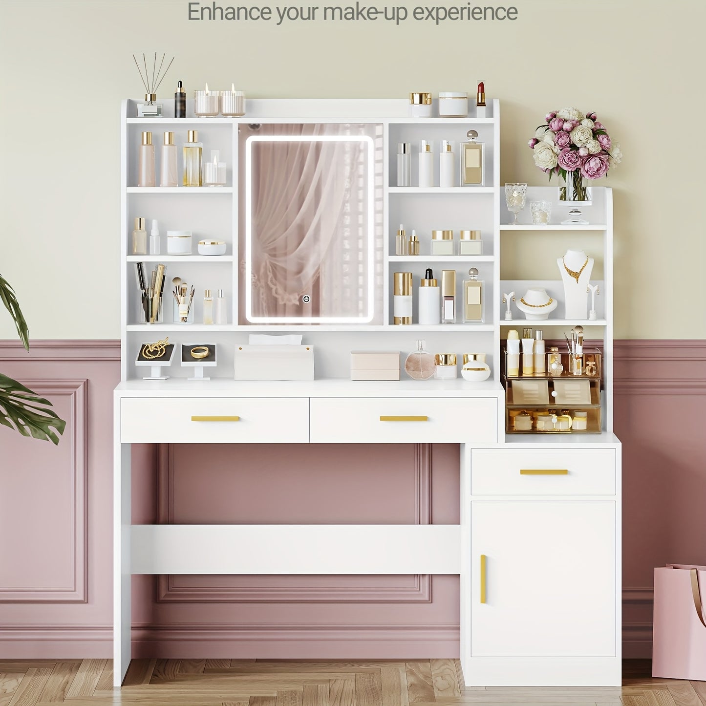 Make-uptafel – Kaptafel – Make-upmeubel – Schminktisch – Witte Make-uptafel – Groot Tafelblad 130 cm – Negen Open Schappen – Twee Lades – Kastje Met Plank