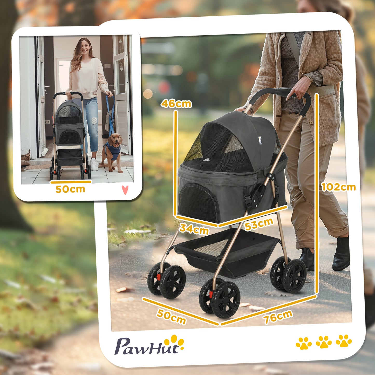 3-in-1 Dierenwagen – Huisdierwagen – Hondenbuggy – Kattenwagen – Draagbare Dierenwagen – Grijs – Opvouwbaar Met Veiligheidsharnassen – Duurzaam 600D Oxford Polyester