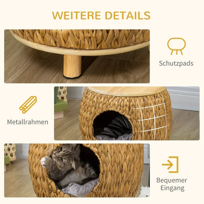 Kattenhol – Kattenhuis – Kattenmand – Kattenbed – Kattenhut – Lichtbruin – Waterhyacint Gras – Wasbaar Kussen – 44x43x42 cm