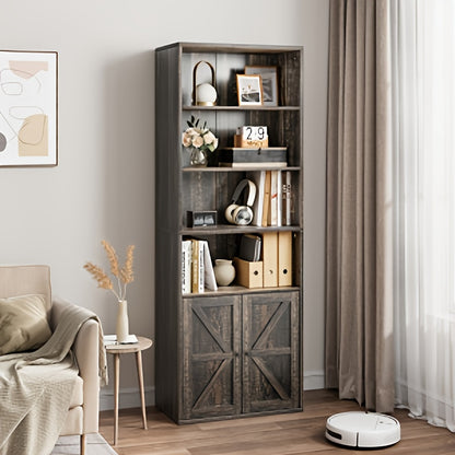 Industrial Farmhouse Bookcase with Doors - Heavy-Duty Freestanding bookshelf, Sturdy Wood Construction, Open & Closed Storage Shelves, for Living Room, Bedroom, Home Office - Modern Industrial Organizer Furniture
