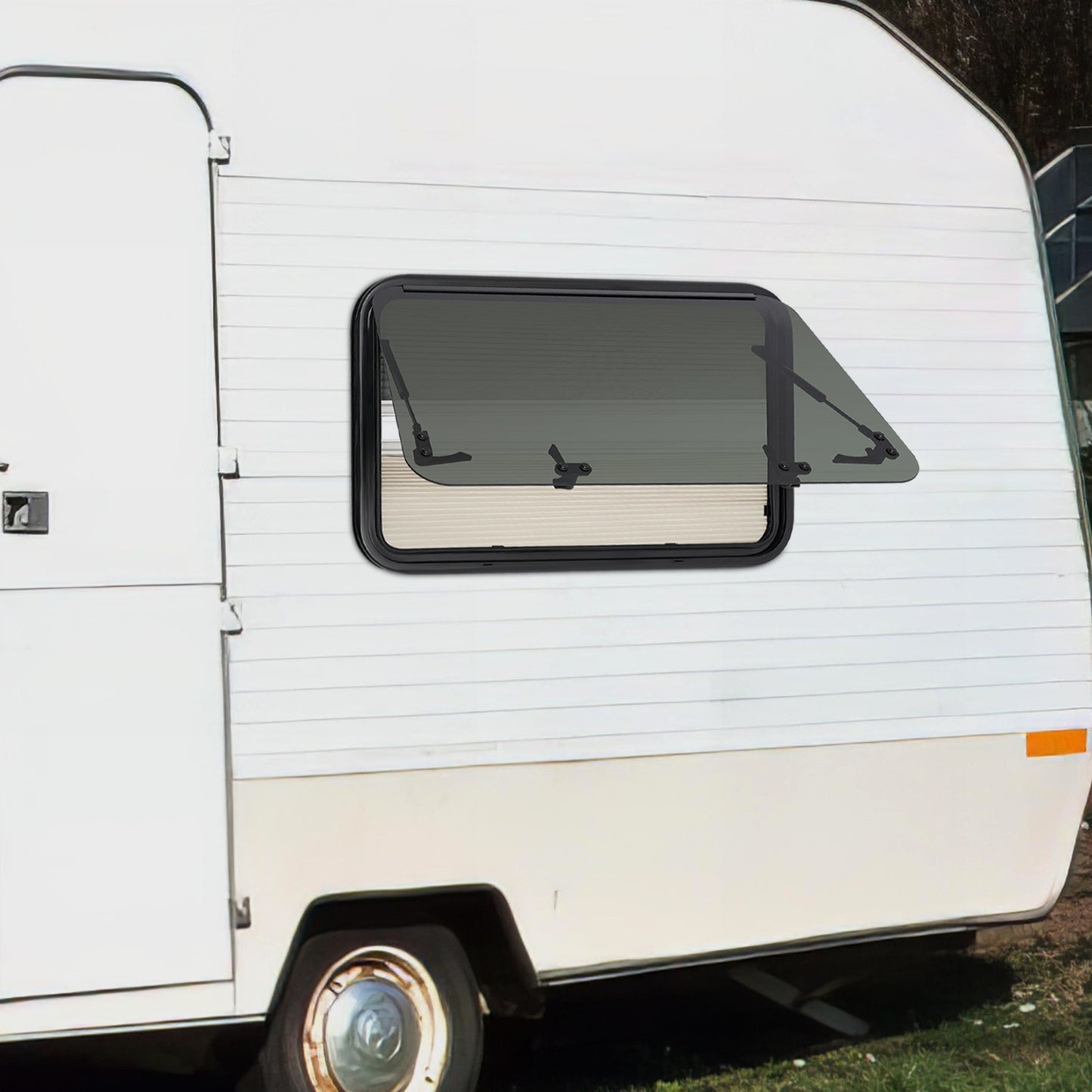Uitzetraam Camper – Caravanraam – Mobiel Raam – Rolvenster – Ventilatieraam – Gebogen Gehards Glas – Aluminium Frame – Inclusief Horrenraam – 800x500 mm – Duurzaam Lichtgewicht