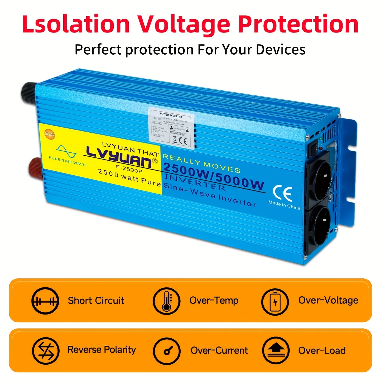 Spanningsomvormer – Omvormer – Inverter – Stroomomzetter – Converter – 12V naar 220V – Pure Sinusgolf – 2500W Continu Vermogen – 2 AC Stopcontacten met LCD Display