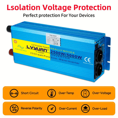 Spanningsomvormer – Omvormer – Inverter – Stroomomzetter – Converter – 12V naar 220V – Pure Sinusgolf – 2500W Continu Vermogen – 2 AC Stopcontacten met LCD Display