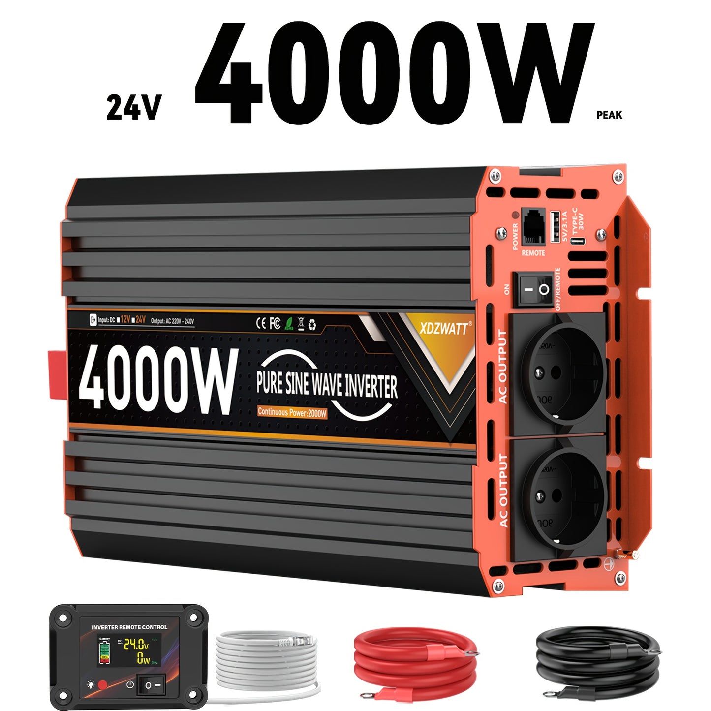 Spanningsomvormer – Omvormer – Inverter – Stroomomvormer – Converter – 24V 4000W – Zuivere Sinusgolf – LCD Display Met Afstandsbediening