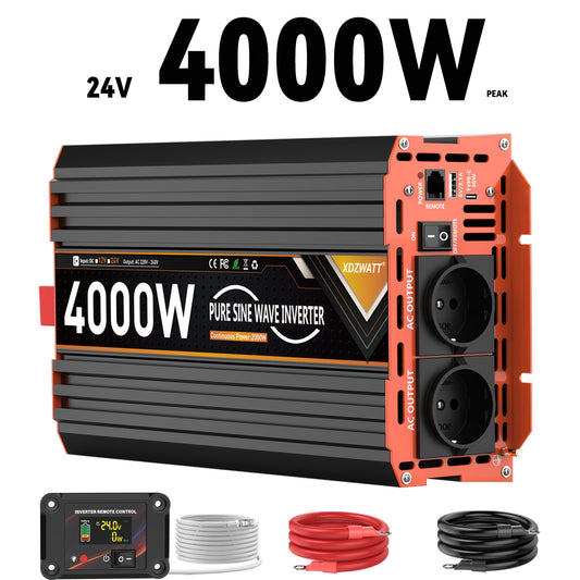 Spanningsomvormer – Omvormer – Inverter – Stroomomvormer – Converter – 24V 4000W – Zuivere Sinusgolf – LCD Display Met Afstandsbediening