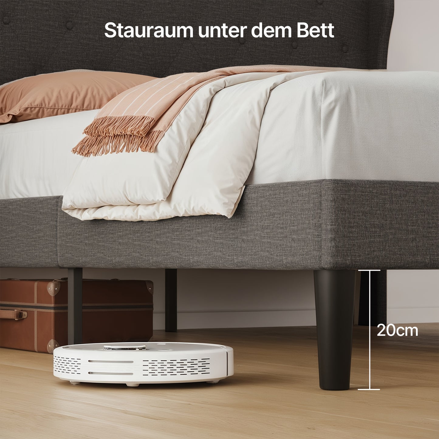 Bedframe 140x200 – Tweepersoonsbed – Slaapbank – Lattenbodem – Boxspring – Stille Lattenbodem – Opbergruimte 20 cm – Hout & Metaal – Modern Marmerprint Hoofdeinde