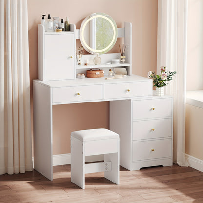 Kaptafel Wit – Dressing Table – Make-up Tafel – Make-up Kaptafel – Vanity Table – 5 Laden & Kast – Vrijstaand Ontwerp – Compact & Duurzaam – Inclusief Kruk