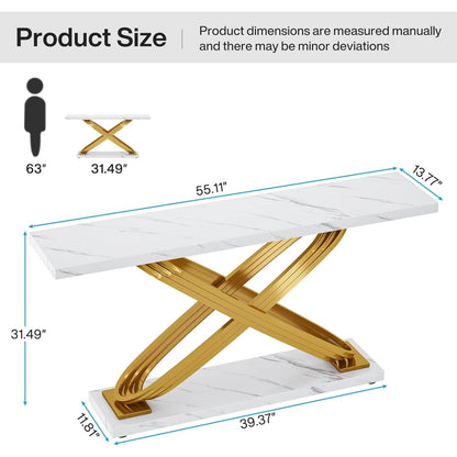 Sidetable – Consoletafel – Wandtafel – Haltafel – Bijzettafel – Wit Faux Marmeren Blad – Gouden Metalen Frame – Smal Design 140x33x80 cm