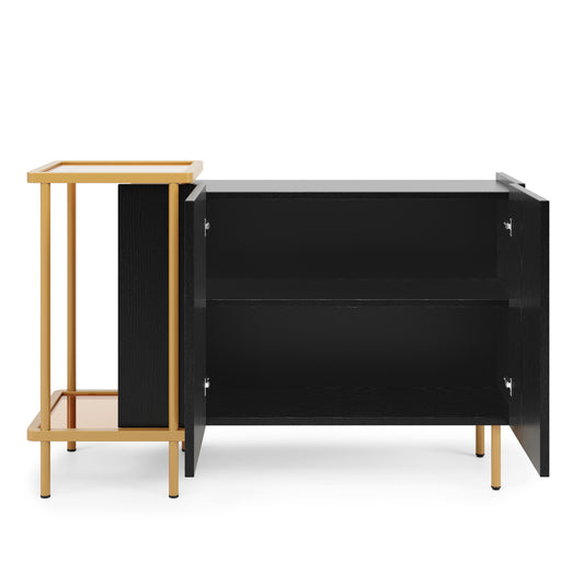 BTM Sideboard Cabinet with 2 Doors & 2 Open Shelves (Sideboard, Dresser, Storage Cabinet), Metal Frame, Glass Top, 120×40×77.5 Cm