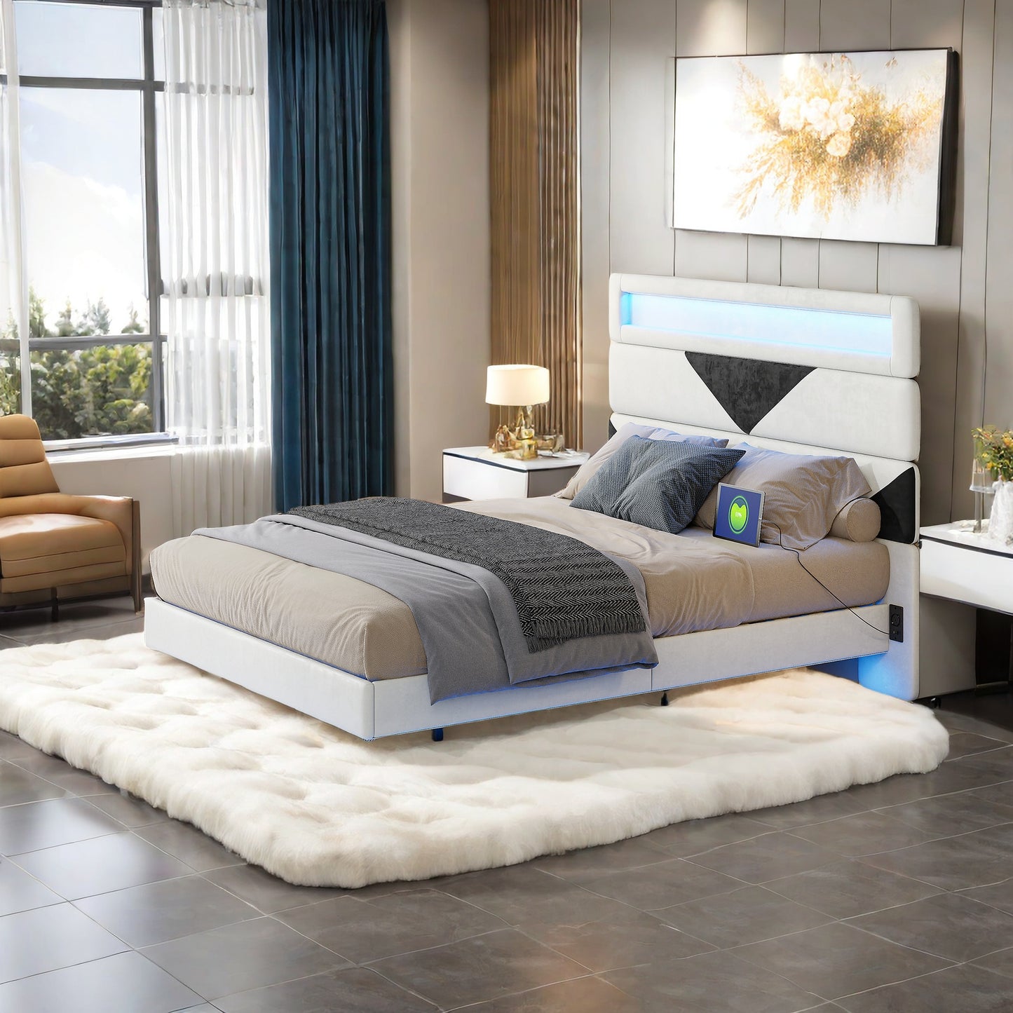 Bedframe – Tweepersoonsbed – Gestoffeerd Bed – Slaapbank – Opbergbed – 160x200 cm – Fluwelen Hoofdbord – LED Verlichting met USB & Type-C Poorten