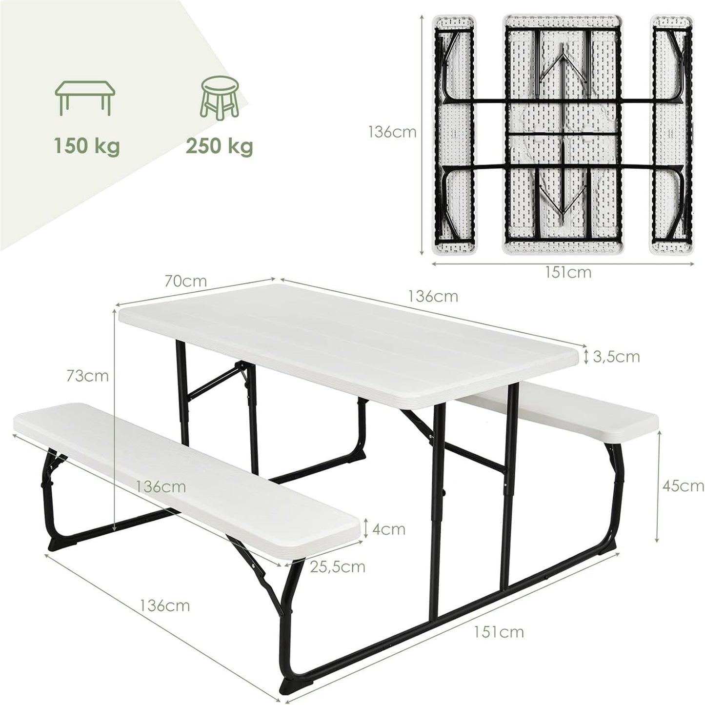 Campingtafel – Picknicktafel – Klaptafel – Vouwtafel – Kampeertafel – Inklapbaar – Ruim 136 cm – Weerbestendig Wit