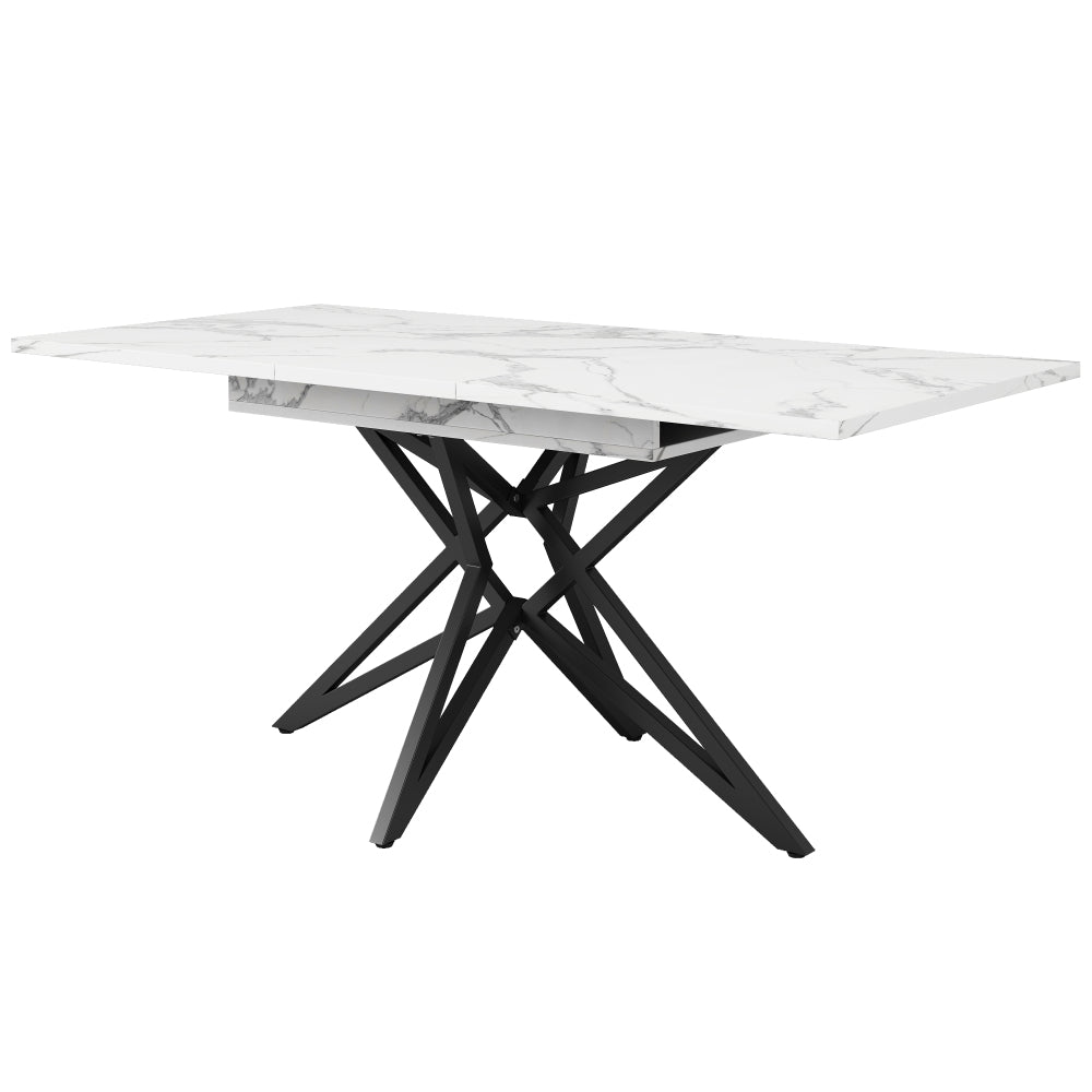 Uitschuifbare Eettafel – Verlengbare Tafel – Keukentafel – Ontbijttafel – Werktafel – Wit MDF Blad – Zwarte Metalen Stervormige Poten – 120x80 cm Uitbreidbaar Tot 160 cm