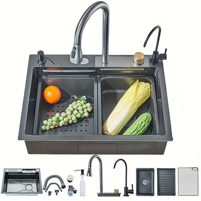 76.2cm*45.72cm Waterfall Kitchen Sink, Drop In Kitchen Sink Single Bowl, 304 Stainless Steel Kitchen Sink Workstation With Pull-Out Faucet And Multiple Accessories