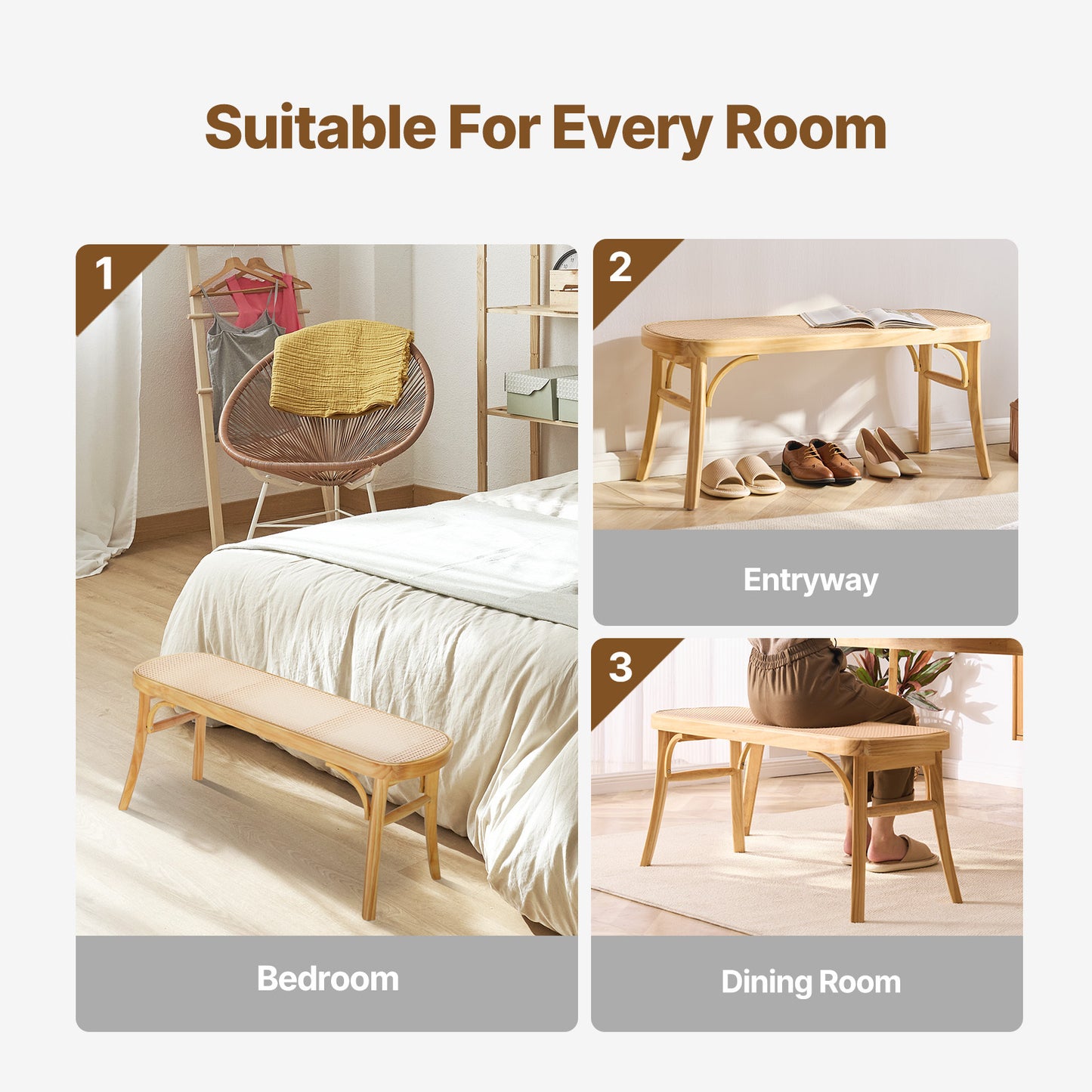 Rotan Bankje – Rieten Zitbank – Rattan Bank – Houten Bankje – 115 cm Lengte – Handgeweven Rotan – Stevig Houten Frame