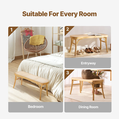 Rotan Bankje – Rieten Zitbank – Rattan Bank – Houten Bankje – 115 cm Lengte – Handgeweven Rotan – Stevig Houten Frame